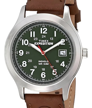 Reloj Hombre Timex Correa De Piel Con Luz 39 Mm T400519j Correa Marrón Bisel Plateado Fondo Verde