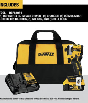 DEWALT Kit De Atornillador De Impacto Inalámbrico Sin Escobillas ATOMIC 20V MAX De 1/4 Pulg. De Iones De Litio Con Batería De 5 Ah, Cargador Y Bolsa - DCF850P1