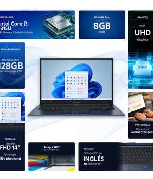 Laptop ASUS Vivobook 14 Intel Core i3 8GB RAM 128GB SSD Windows 11 Home