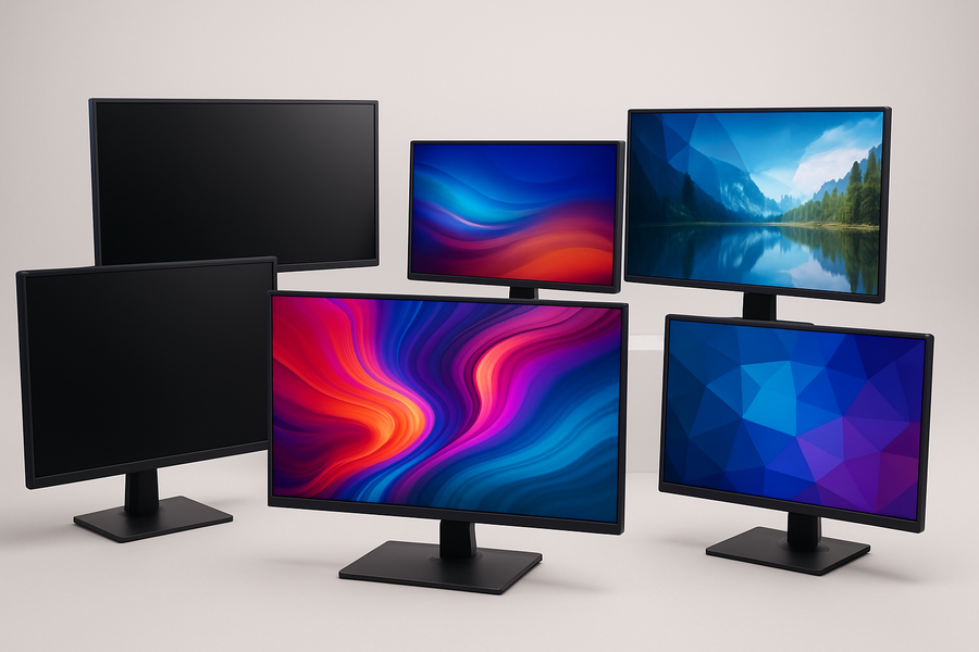 que no se mire ninguna marca, fondo neutro, monitores apagados o con fondo de pantalla colorido